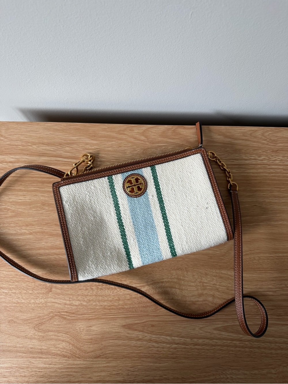 Tory Burch Cream Canvas Crossbody with Blue and Green Stripes